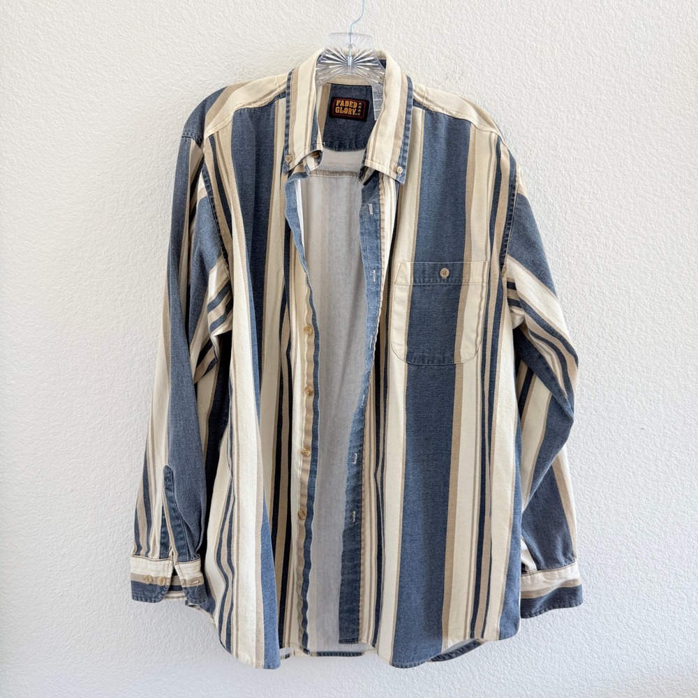 1Vintage Faded Glory Striped Long Sleeve 100% Cotton Button Down Shirt